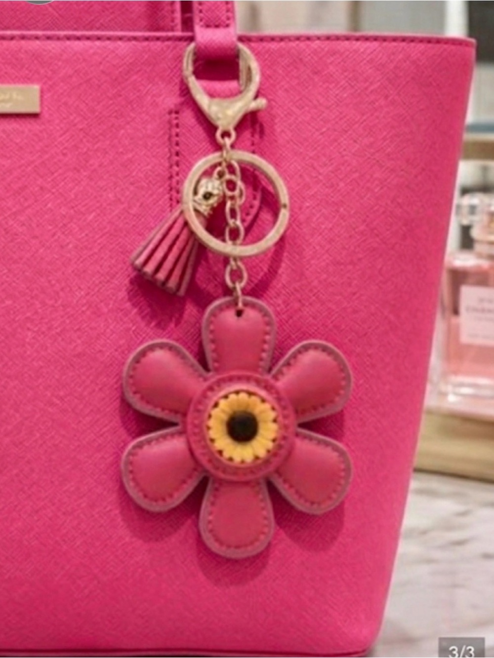 Pink Flower Tassel Keychain Bag Charm with yellow center - NEW in package